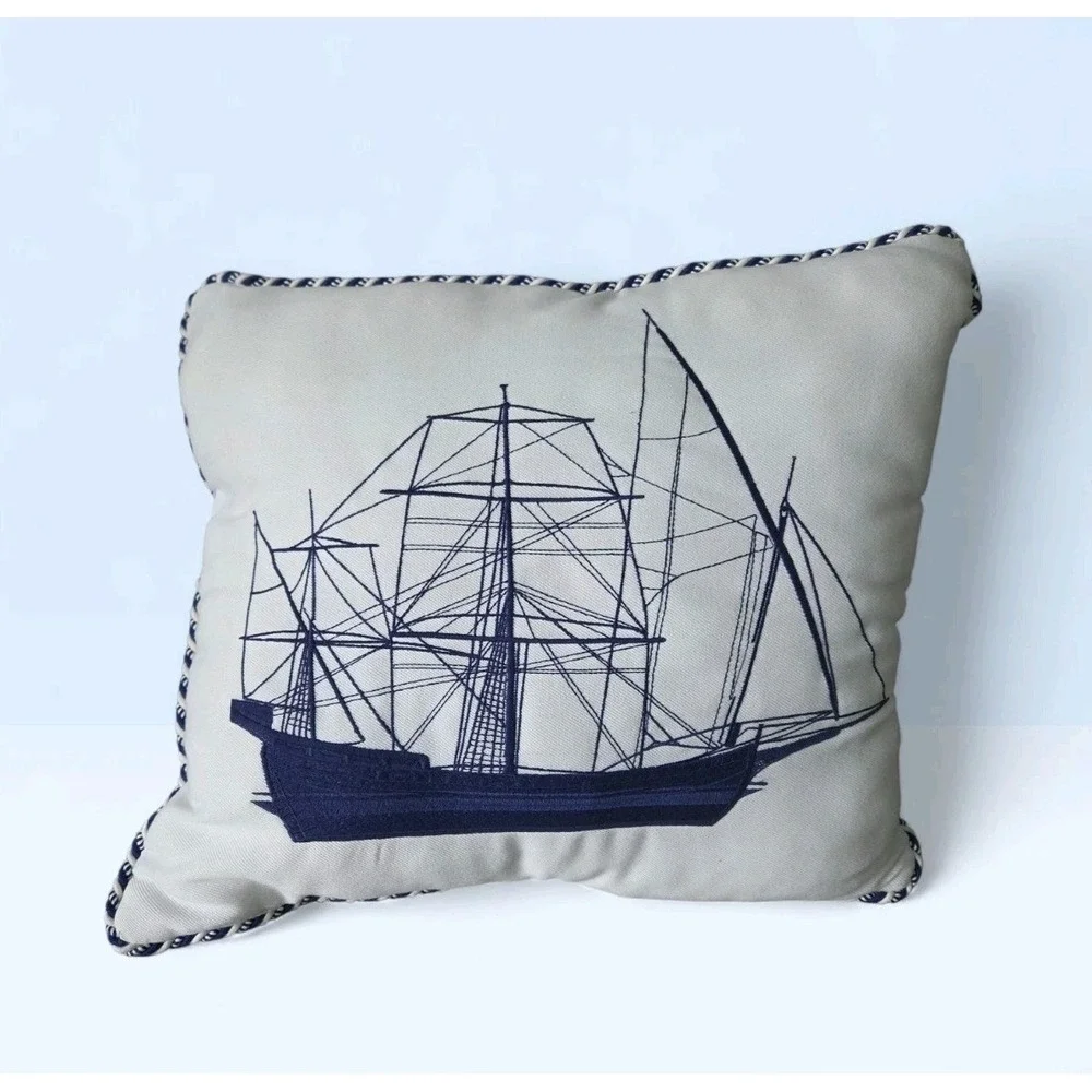 Pier 1 Nautical Embroidered Sea Boat Ship Throw Pillow 18 X 16‎